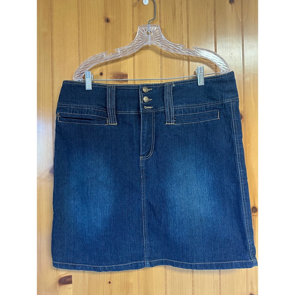 Y2K Zoey Beth XL Denim Mini Skirt Retro Dark Wash High Waist Stretch Indigo Flaw